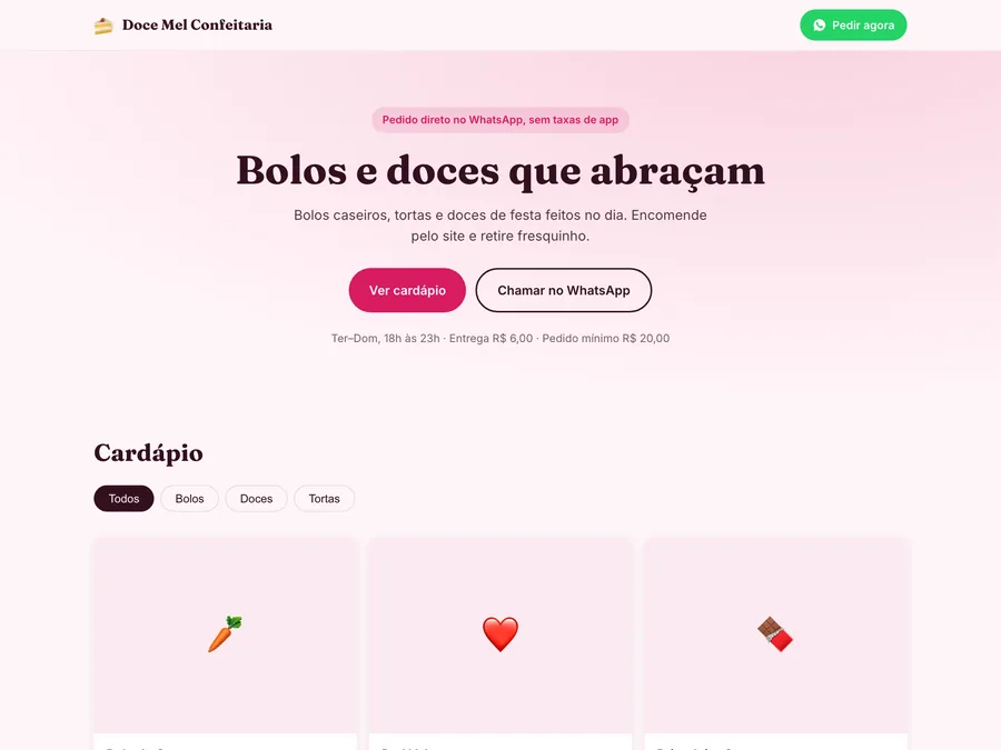 Página inicial do site de demonstração Doce Mel